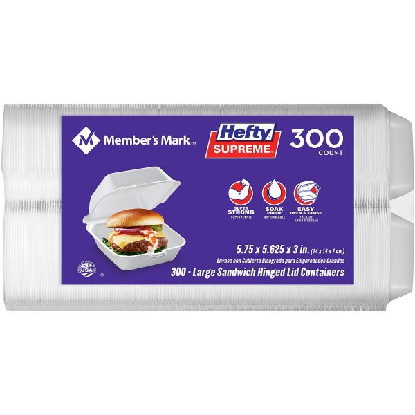 Hefty Supreme Large Sandwich Foam Hinged Lid Containers, 6 (300 ct.)